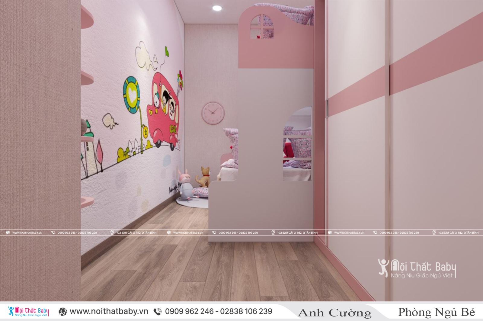 Giường tầng cho bé gái màu hồng dễ thương